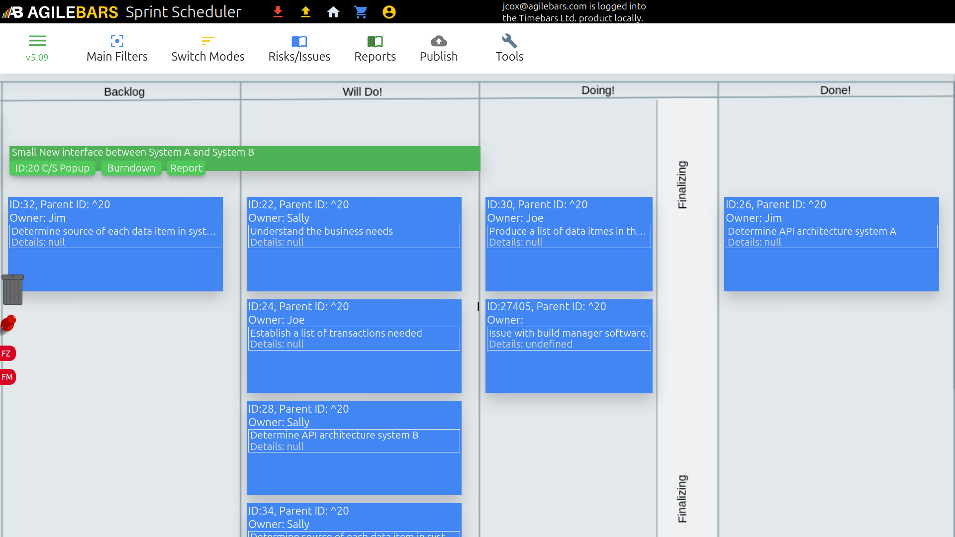Agilebars Kanban board showing progress tracking