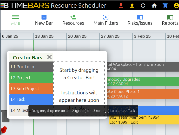 Timebars Canvas showing work packages and task relationships