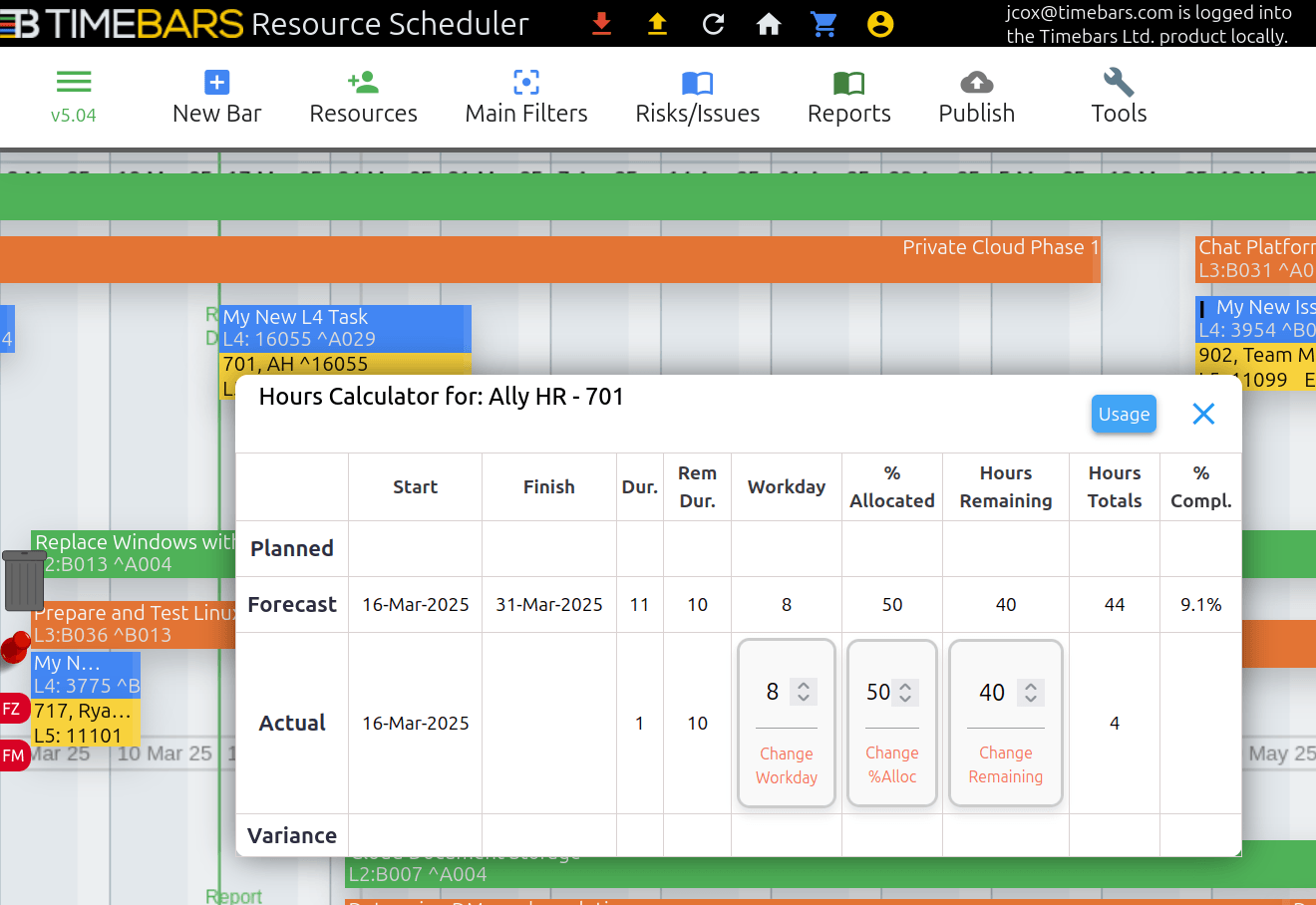 Resource calculator form to change calculations across timeline