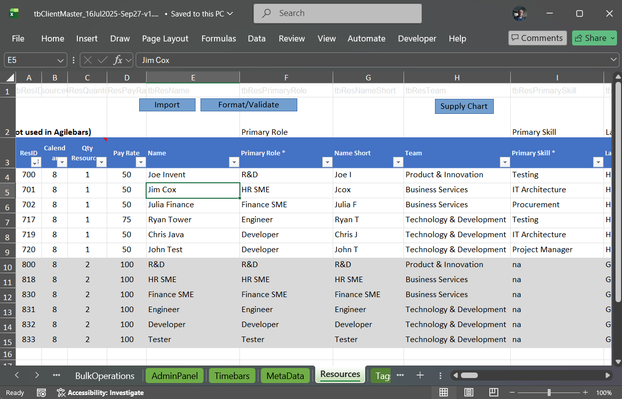 Resource pool spreadsheet template showing configuration options Resource pool spreadsheet template showing configuration options